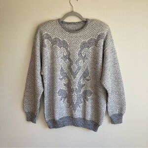 Vintage Metallic Silver Gray 80’s Knit Crew Neck Sweater Wool Blend